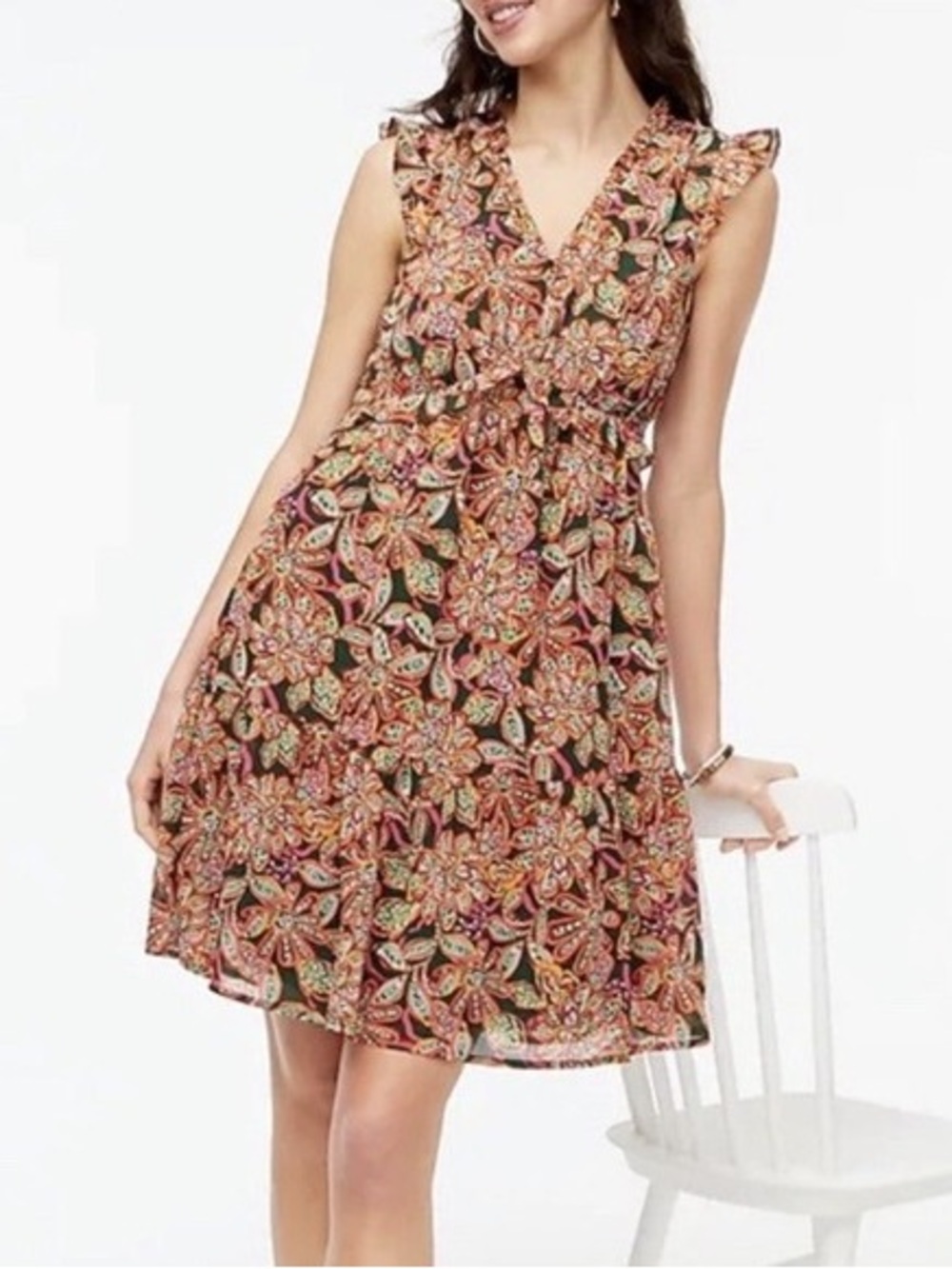 J. Crew Floral Tie-Waist Sleeveless Midi Dress in Pink, Green, Black